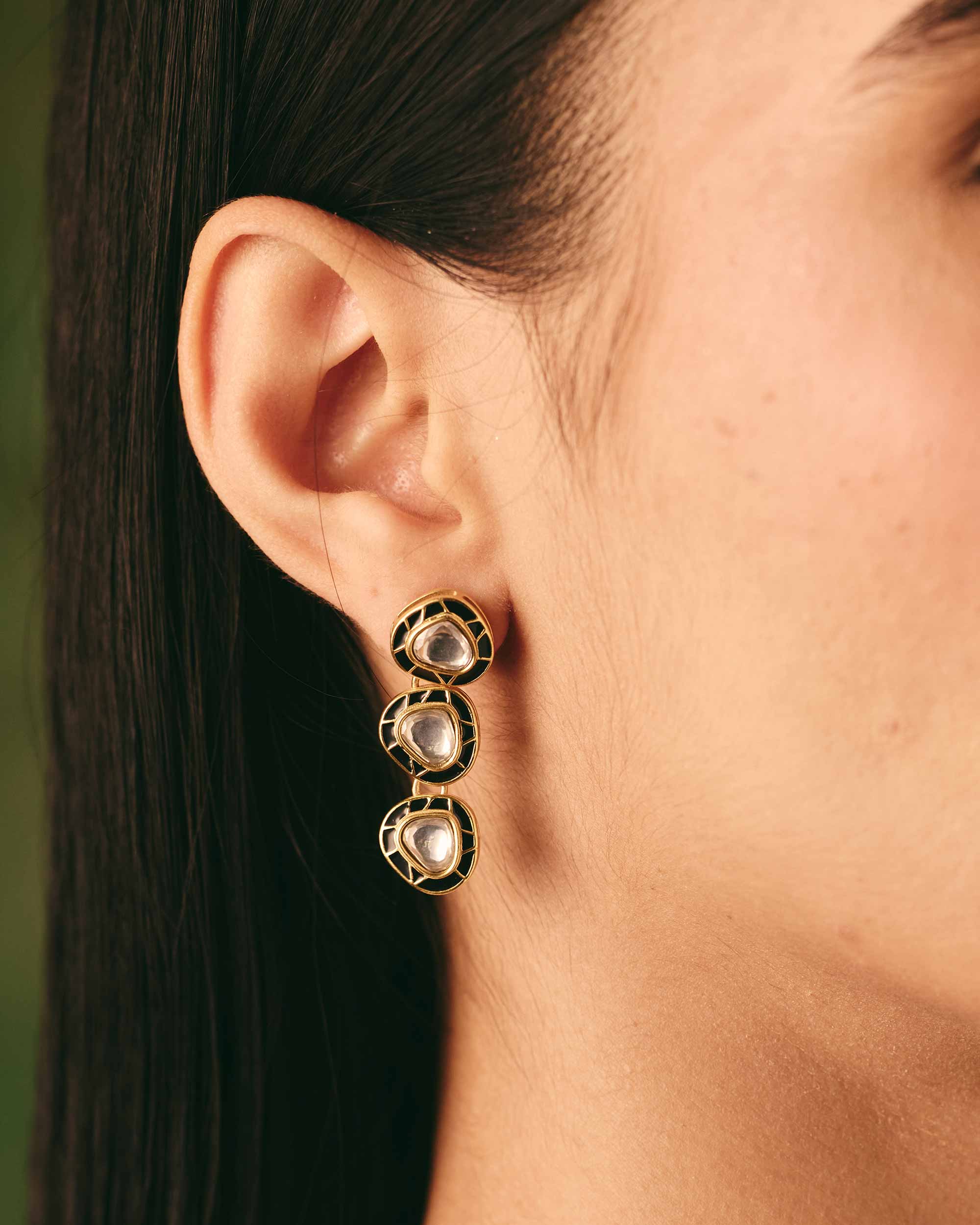 Regal 3-Drop Kundan Earrings