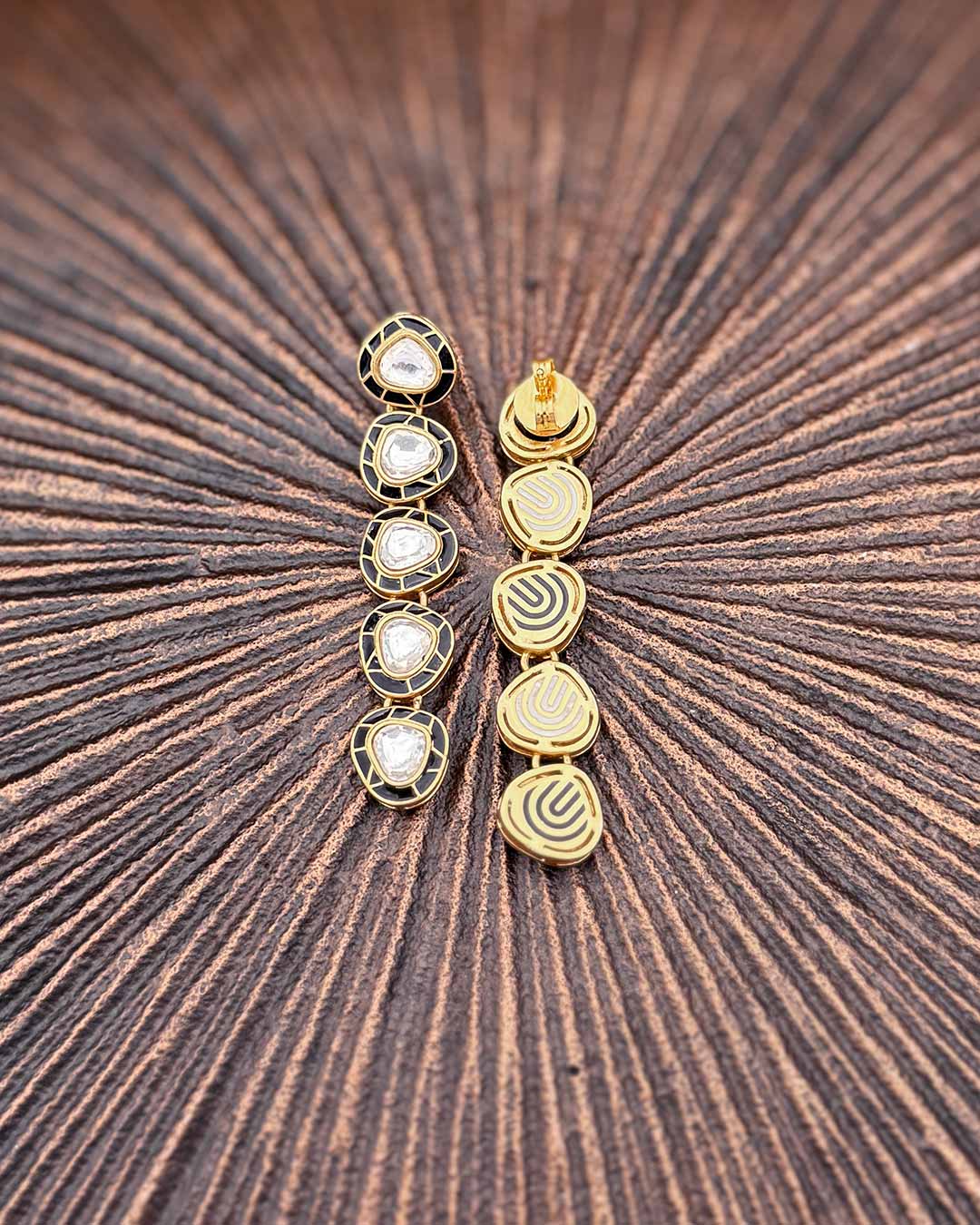 Regal 3-Drop Kundan Earrings - Black